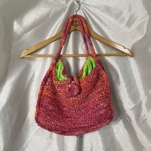 Handmade Crochet Knitted Pink Lime Green Hobo Satchel Bag Purse